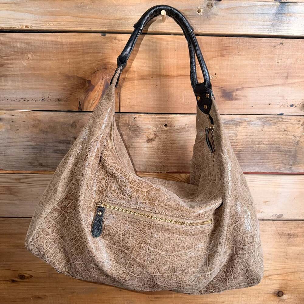 Lola Bernard Modena Croc Embossed Leather Hobo Handbag Brown